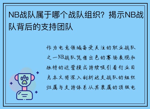 NB战队属于哪个战队组织？揭示NB战队背后的支持团队